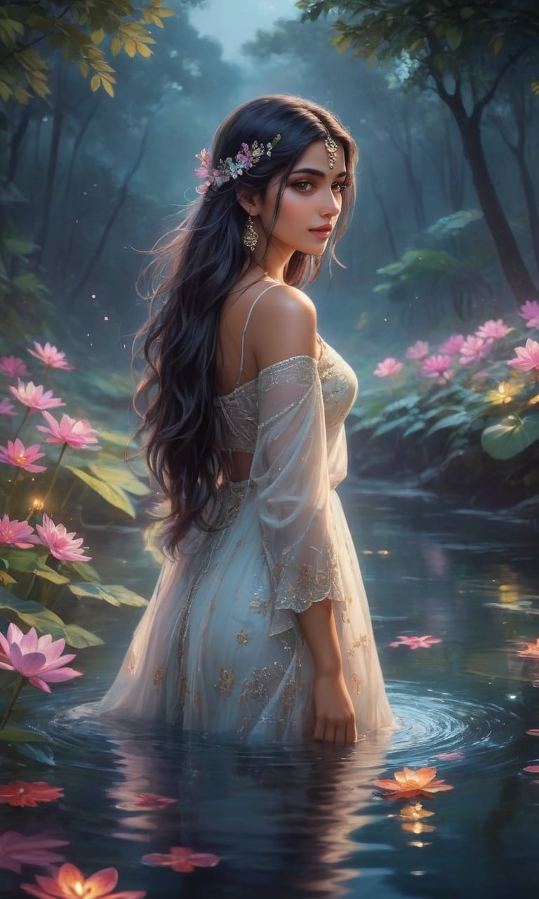 Imagine a sexy stunning young Indian native on her kness, washing her hair in a river, bathing in a river with long flowing hair peacefully immersed in the ethereal glow of a moonlit pond. Vibrant, colorful flowers encircle the tranquil scene, their vibrant petals reflecting the soft light. Wisps of gentle fog embrace the landscape, adding an air of mystery and enchantment to this captivating nocturnal oasis. A mesmerizing blend of serenity, elegance, and natural beauty.,Indian Model