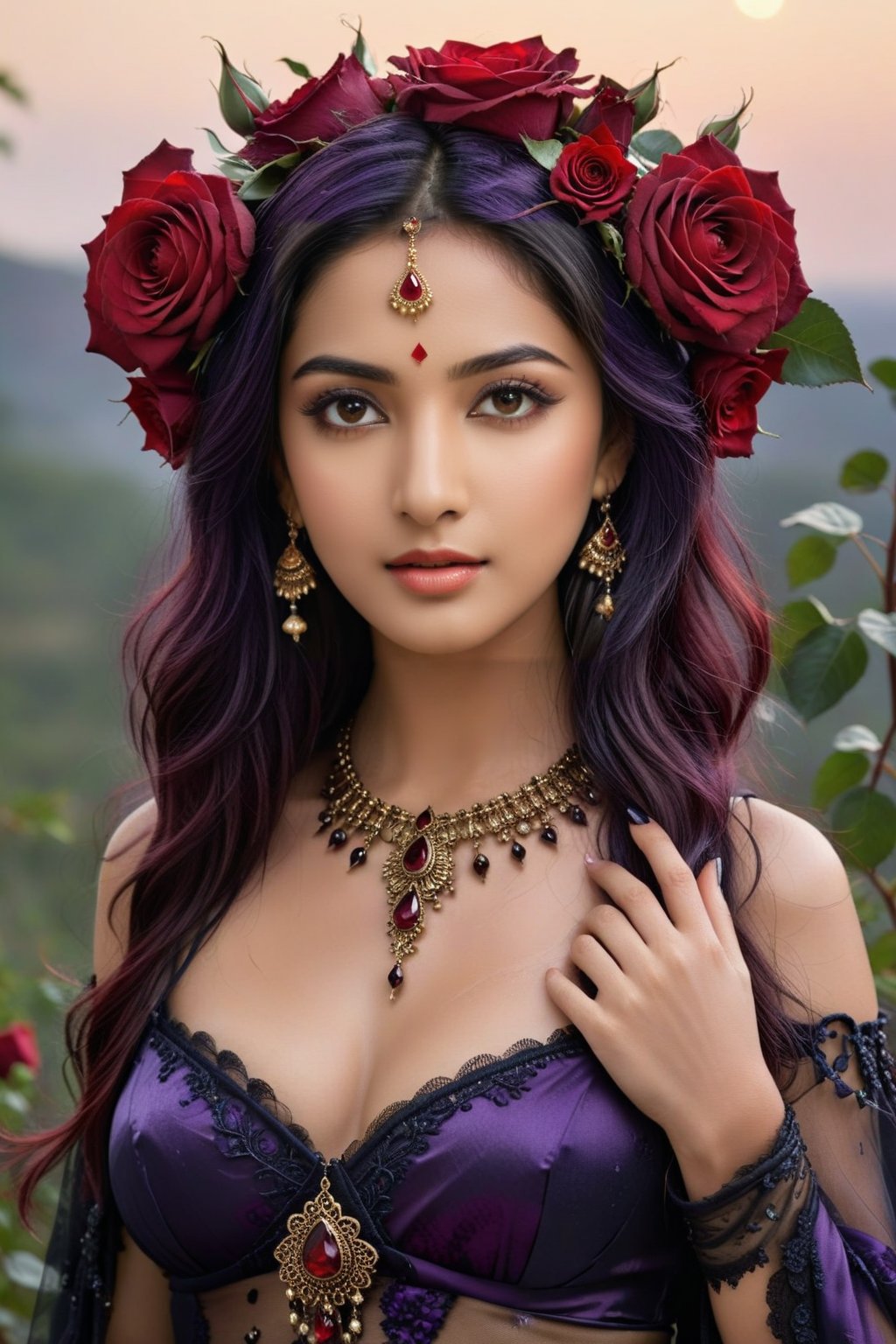 Generate realistically image of a beautiful indian woman, ((with a brave facial expression)), ((Perfectly detailed and perfect symmetrical body and head)), ((Perfectly symmetrical and perfectly detailed face)), ((perfectly formed and symmetrically correct hands and fingers)), ((8K High Definition photo)), ((colored but not saturated, perfect contrast between lights and shadows)). In this 8K Ultra HD image, the mystical enchantress stands majestically in the Dark Fantasy realm, her entire form shrouded by the velvety petals of black and crimson roses. Her purple hair cascades like a waterfall of shadows, blending with the midnight hues of the surrounding flowers. Her mesmerizing odd eye gleams like a crimson gem, hinting at the arcane power coursing through her veins. The enchantress's attire is a bewitching masterpiece, adorned with an exquisite array of black and red roses that seem to bloom eternally. As she moves dynamically in a cinematic pose from a side angle, her velvety-softened petals contrast with the sharp thorns embellishing her garments, serving as a reminder of her potent and untamed nature.