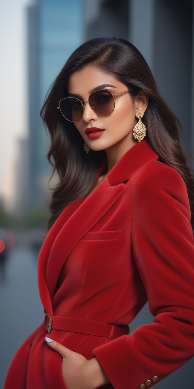 (masterpiece, high quality, 8K, high_res:1.5), photorealism in handpainted style, stylish and elegant, 
fashion photoshot, model pose, 
beautiful indian supermodel, long stylish haircut, red fur suit, naked jacket, jewerly, seductive and aesthetic, hat and sunglasses, office district background,
soffit lighting, sharp focus, trending on fashion magazines, popular in social media, accurase detailes,fflixmj6,Indian Model