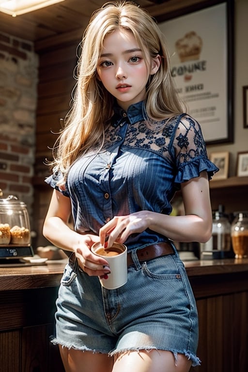 vibrant colors, Indian female, masterpiece, sharp focus, best quality, depth of field, cinematic lighting, ((solo, one woman )), (illustration, 8k CG, extremely detailed), masterpiece, ultra-detailed, solo, ((Cowboy Shot: 1.5)), 1 girl, beautiful korean girl, looking at viewer, 18 yo, over sized eyes, big eyes, smiling, photo of a woman taken by i phone, soft smile, long straight blonde hair, thin nose, high cheek bones, depth of field, coffee shop background, highly detailed, detailed blue eyes,Detailedface