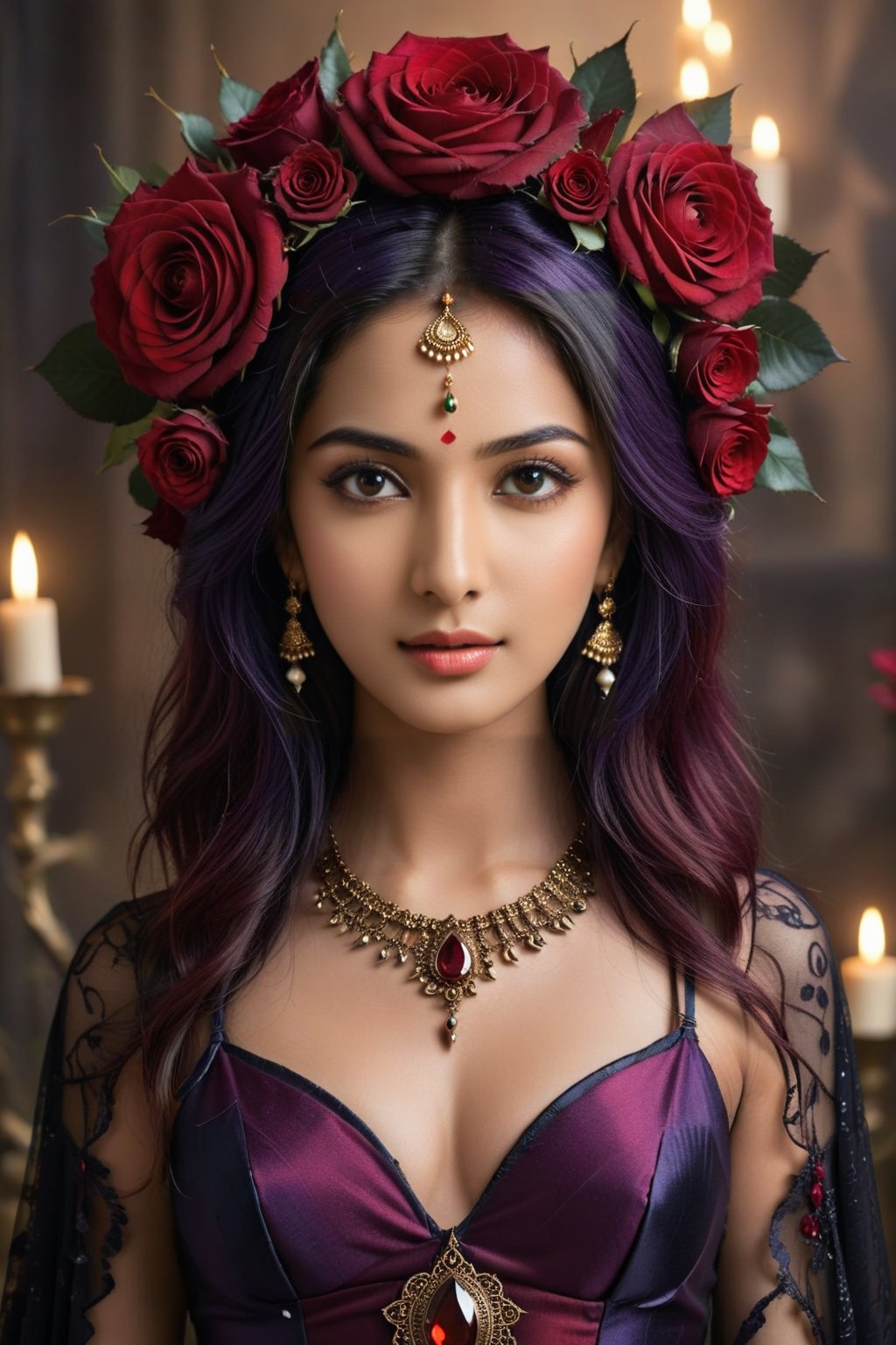 Generate realistically image of a beautiful indian woman, ((with a brave facial expression)), ((Perfectly detailed and perfect symmetrical body and head)), ((Perfectly symmetrical and perfectly detailed face)), ((perfectly formed and symmetrically correct hands and fingers)), ((8K High Definition photo)), ((colored but not saturated, perfect contrast between lights and shadows)). In this 8K Ultra HD image, the mystical enchantress stands majestically in the Dark Fantasy realm, her entire form shrouded by the velvety petals of black and crimson roses. Her purple hair cascades like a waterfall of shadows, blending with the midnight hues of the surrounding flowers. Her mesmerizing odd eye gleams like a crimson gem, hinting at the arcane power coursing through her veins. The enchantress's attire is a bewitching masterpiece, adorned with an exquisite array of black and red roses that seem to bloom eternally. As she moves dynamically in a cinematic pose from a side angle, her velvety-softened petals contrast with the sharp thorns embellishing her garments, serving as a reminder of her potent and untamed nature.