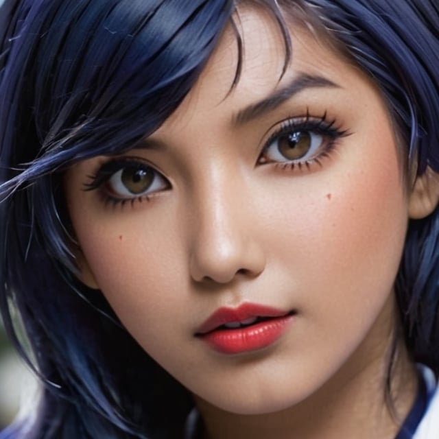 a close up of a indian girl with long hair, hyuga hinata, hyuga hinata from naruto shippuden, from naruto shippuden, as an anime character, perfect anime face, she has dark blue hair with bangs, female anime character, anime character, anime best girl, hime cut hairstyle, dark blue hair, (red glossy lips:1.3), white eyes, byakugan eyes, smile, city background, (beautiful face:1.3)