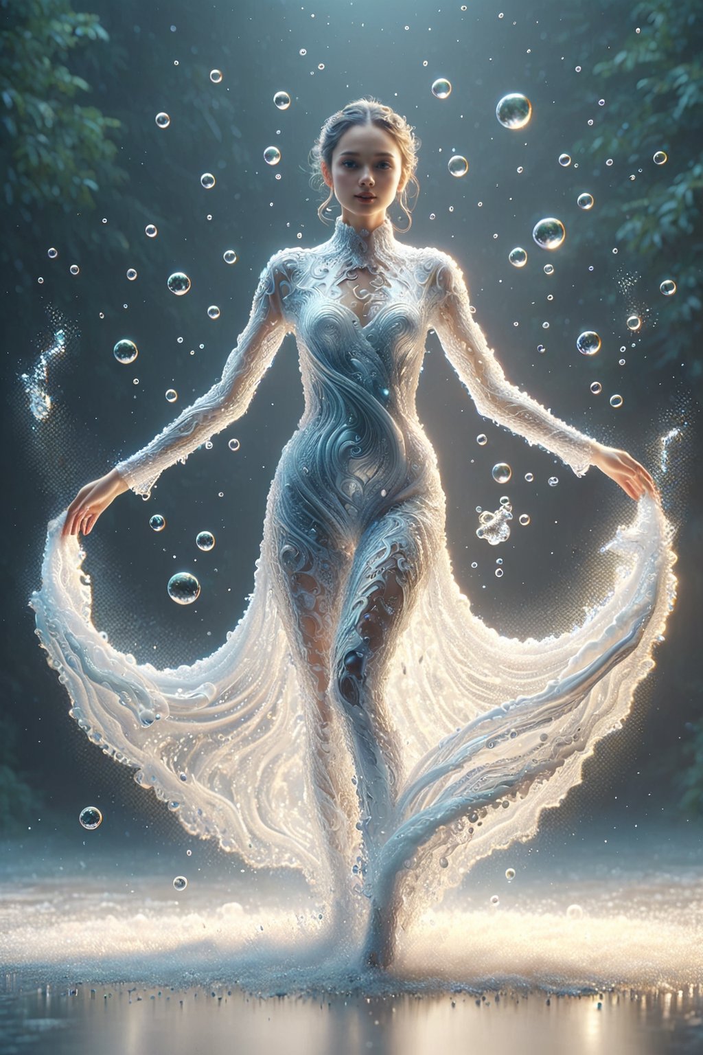 create a beautiful ukraine girl dancing with mik splash wedding dress , splashed,spray ,spray from two side  , subsurface scattering, translucent, 100mm,Movie Still,detailmaster2,Film Still,make_3d,aesthetic portrait,eyes shoot , full body , ballet pose , 1girl , beauty nose and mouth , A-line , flying wrap dress, secret,liquid dress,watce , background in dark studio , one_hand_raised , skirt vanish in another side  , dress look more liquid , tall girl , white water ,  milk white , backdround with fantasy color bubbles,eyes shoot,style