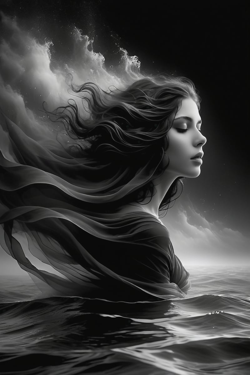 A stunning woman with dark hair, shrouded in mystery, floats serenely beneath the surface of a mystical sea. Black and white tones dominate the scene. haze  envelop her ethereal form. Her head tilted back, she gazes upwards with open eyes that convey intense emotions: pain or sorrow. Finely detailed features on her face, including expressive eyes and intricate facial expressions, draw the viewer's attention to her enigmatic allure. high contrast, 12K,Insta Model,DonMW15pXL