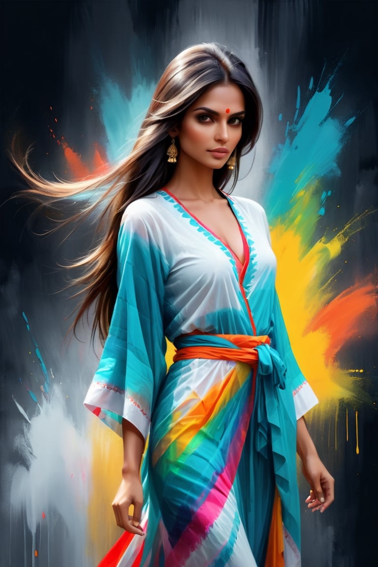 (abstract Indian woman from paint,  (Grizail paint chromatic:1.5),she is wearing  sexy indian dress, brush strokes  of color, water colrs, sketch,, textured, black background),aesthetic portrait,see-through,DonMB4nsh33XL ,style,see-through kimono