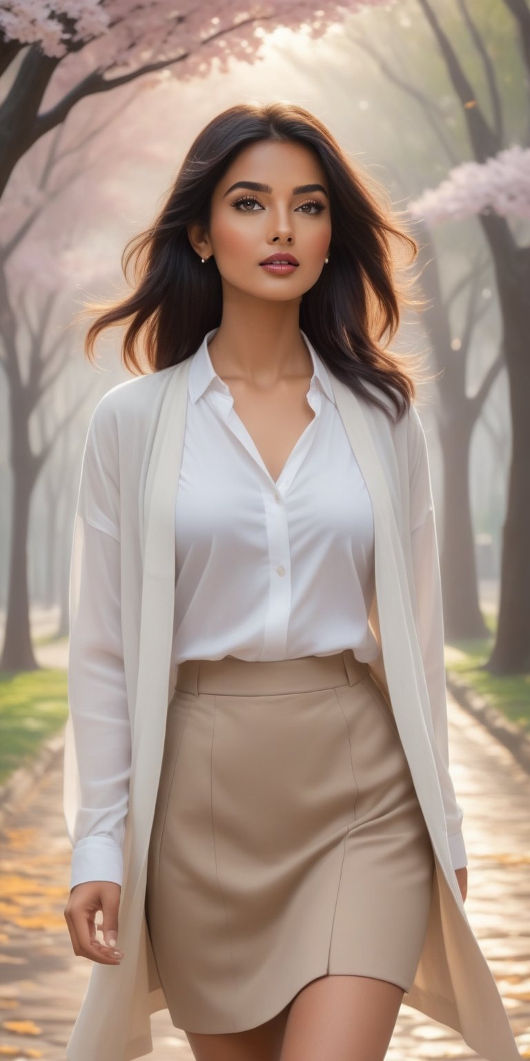 masterpiece, high_res, high quality, 
(medium shot), flat illustration imbued with melancholy and romanticism, beautiful indian young woman walks along a park alley under falling sakura leaves, sunrise lighting, (wind:1.1), 
(outfit \white shirt, beige cardigan, black mini skirt, sandals\:1.5),
(detailed background:2), 
sensual, dramatic, romantic, beautiful, elegant, dreamily,Leonardo Style