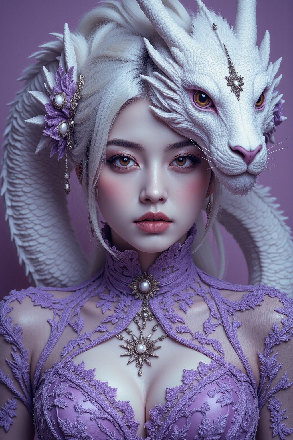 Extreme full body portrait of a Indian woman, piercing eye, wisps of white hair visible, looking at viewer, reflecting the intricate purple lace of her gown and the shimmering scales of a white dragon