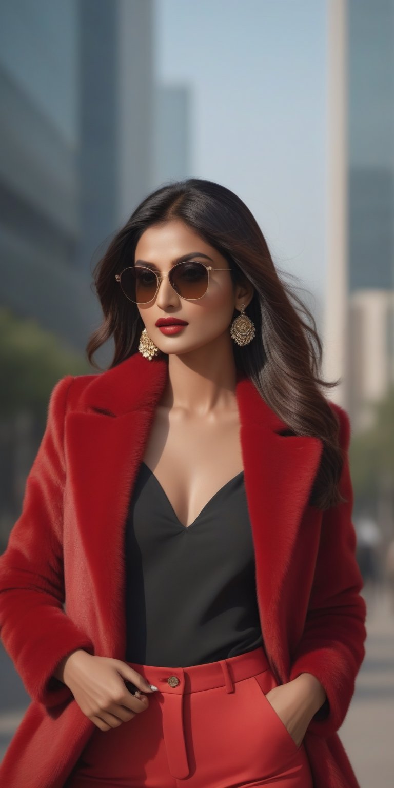 (masterpiece, high quality, 8K, high_res:1.5), photorealism in handpainted style, stylish and elegant, 
fashion photoshot, model pose, 
beautiful indian supermodel, long stylish haircut, red fur suit, naked jacket, jewerly, seductive and aesthetic, hat and sunglasses, office district background,
soffit lighting, sharp focus, trending on fashion magazines, popular in social media, accurase detailes,fflixmj6,Indian Model