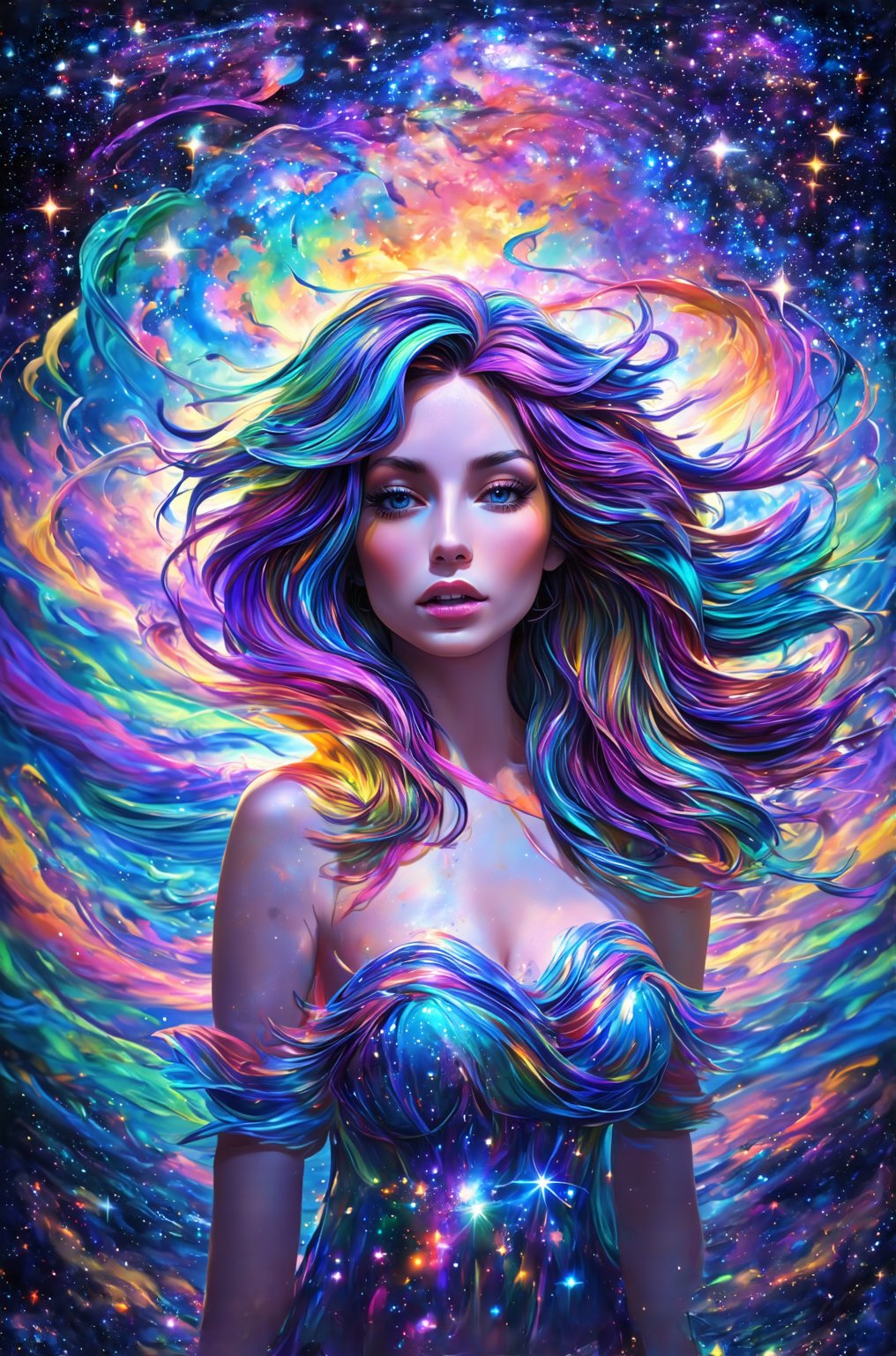 In a dreamlike scenario, a woman with luscious, multicolored locks flows like a river of color around her ethereal face. Her tranquil gaze radiates serenity as she stands amidst a kaleidoscope background, where swirling wisps of clouds, gleaming stars, and shimmering galaxies harmonize in a vibrant tapestry. Delicate, intricate textures dance across the scene, while dynamic lighting casts an otherworldly glow, inviting the viewer to step into this whimsical realm, where reality and fantasy blend in a cartoonish masterpiece.