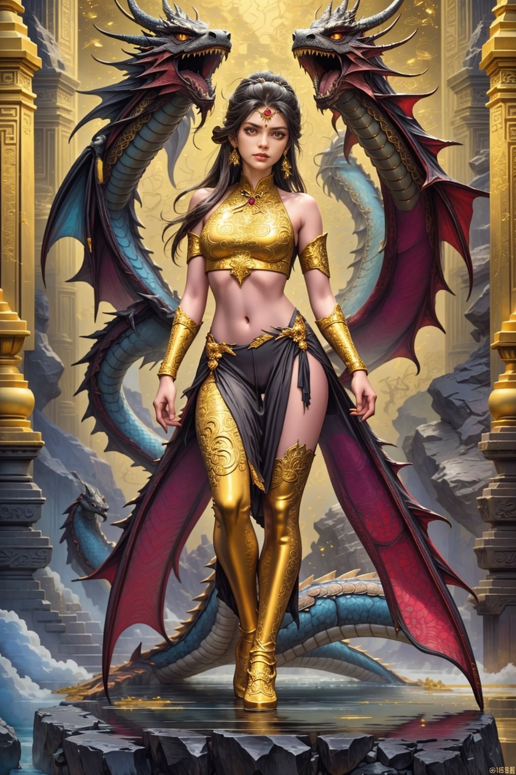1 Indian full body Goddess with dragon hyperdetailed black bronze sculpture, perfect face, cinematic pose, (masterful:1.3), in the ancient style of the best chinese art, detailed and intricate, golden line, yellow crystals, glass elements, complex background, golden intricately detailed background, black color,bg_imgs,dragon,Indian,<lora:659111690174031528:1.0>