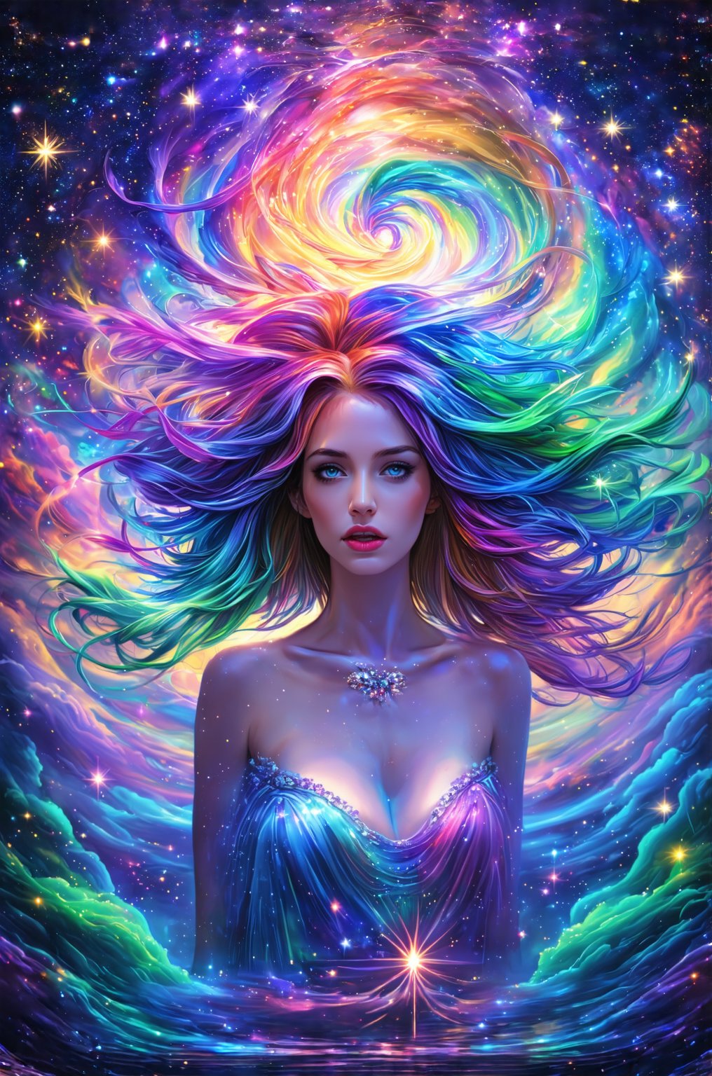 In a dreamlike scenario, a woman with luscious, multicolored locks flows like a river of color around her ethereal face. Her tranquil gaze radiates serenity as she stands amidst a kaleidoscope background, where swirling wisps of clouds, gleaming stars, and shimmering galaxies harmonize in a vibrant tapestry. Delicate, intricate textures dance across the scene, while dynamic lighting casts an otherworldly glow, inviting the viewer to step into this whimsical realm, where reality and fantasy blend in a cartoonish masterpiece.