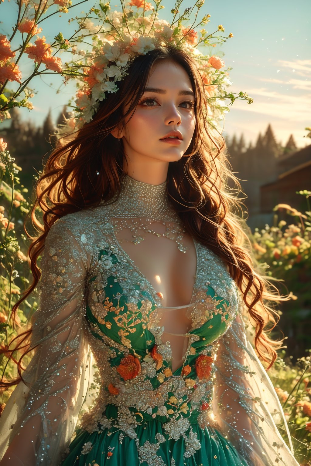 In a dappled, ancient forest ruin, an Elf Princess stands tall, her staff raised high as beams of warm sunlight filter through the trees, casting a golden halo around her regal figure. Her revealing, enchanted clothing shimmers in the soft light, while lush foliage and vines surround her, creating a lush environment. The camera captures a sharp focus on the princess's face, with the rule of thirds composition placing her at the intersection of two diagonals. Shot during the golden hour, the scene exudes an ethereal mood, inviting the viewer to step into this mystical realm., ,fantasy,better_hands,leonardo,angelawhite,Enhance