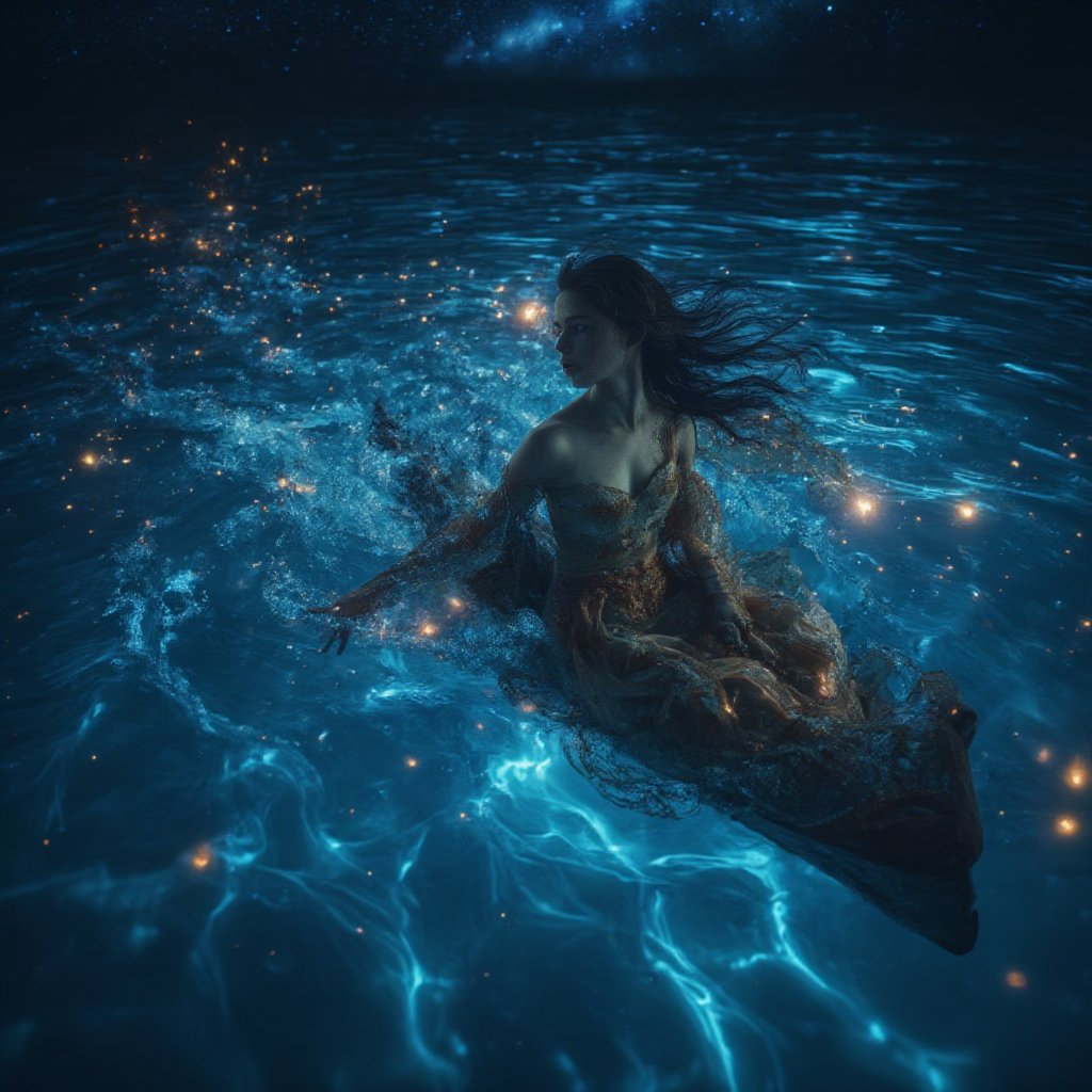 Beautiful Indian goddess, wearing sexy Indian dress, deep cleavage, off shoulder, large green eyes, big breast, natural round boobs, sexy legs, sexy pose , majestically glides into a bioluminescent sea illuminated by a swirling galaxy above. Fireflies dance across the waves, as if welcoming the vessel home. Framed by the starry night sky, this XL 4K ultra-high definition action shot captures the drama of the moment.,noc-futuristic