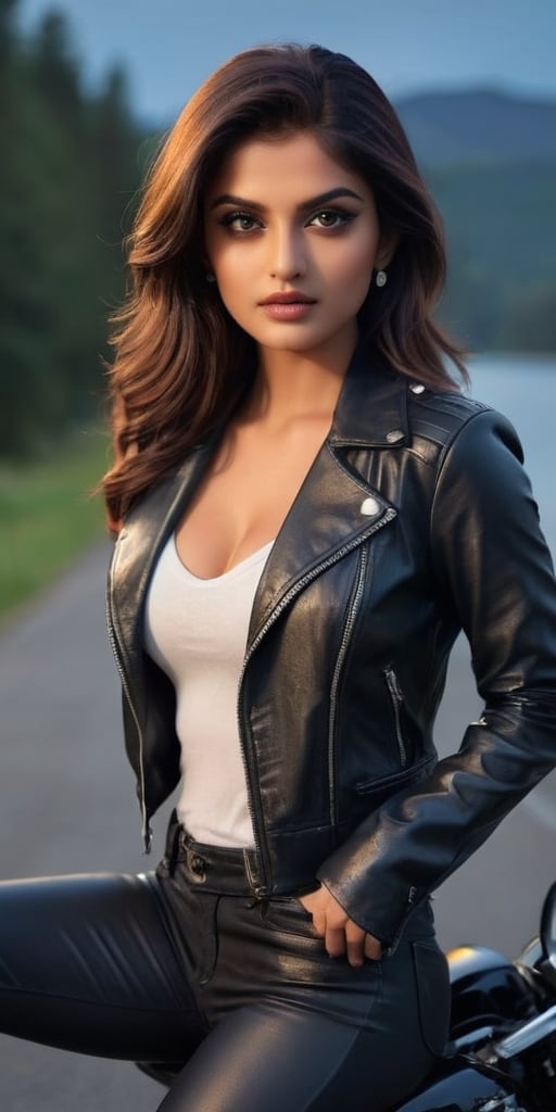 beautiful and breathtaking young Indian woman, she is biker, riding on a retro looking bike , sensual and tender, romantic and sexsuality, large breasts, blue eyes, Makeup, eye makeup, Sexy black lather jacket and lather pant, close chain jacket, riding glove, black shoes , looking sexy,   deep cleavage, sexy pose , spotlight on the eyes, eyes lighting, silhouette, looking at viewer, detailed beautiful face, forest, lake side road,  beautiful lake in background , night theme, dimly lit, perfecteyes,Low-key,Low-key lighting Style, full body shot. 