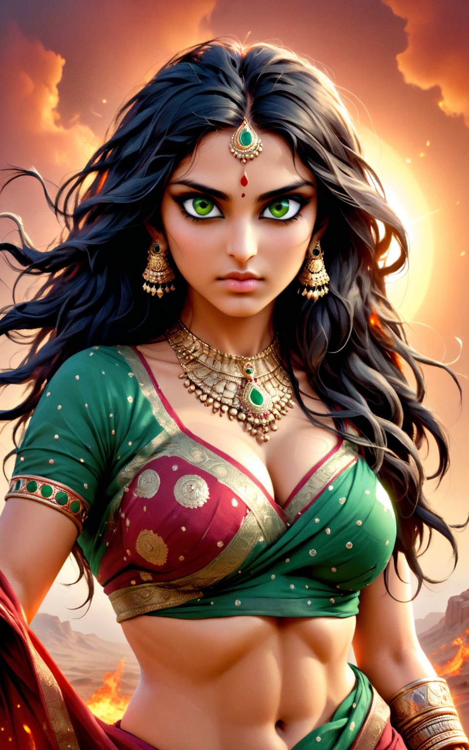 closeup photo, Indian girl, 21 year old, sexy sari without blouse , standing breve in epic pose, burning sky above him, epic light, beautiful face, large eyes, green eyes, large breasts, deep cleavage, sexy pose, long hair, brave and beautiful, worrier 