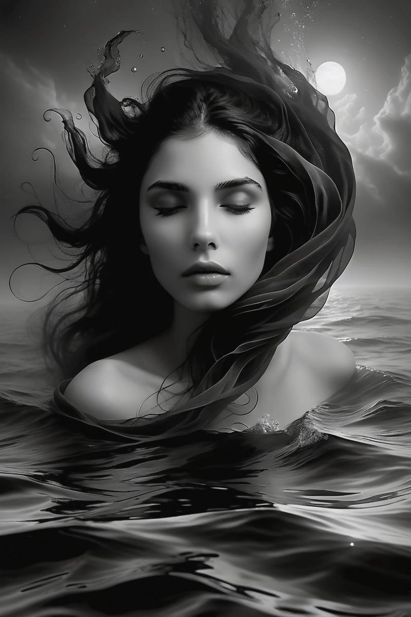 A stunning woman with dark hair, shrouded in mystery, floats serenely beneath the surface of a mystical sea. Black and white tones dominate the scene. haze  envelop her ethereal form. Her head tilted back, she gazes upwards with open eyes that convey intense emotions: pain or sorrow. Finely detailed features on her face, including expressive eyes and intricate facial expressions, draw the viewer's attention to her enigmatic allure. high contrast, 12K,Insta Model,DonMW15pXL