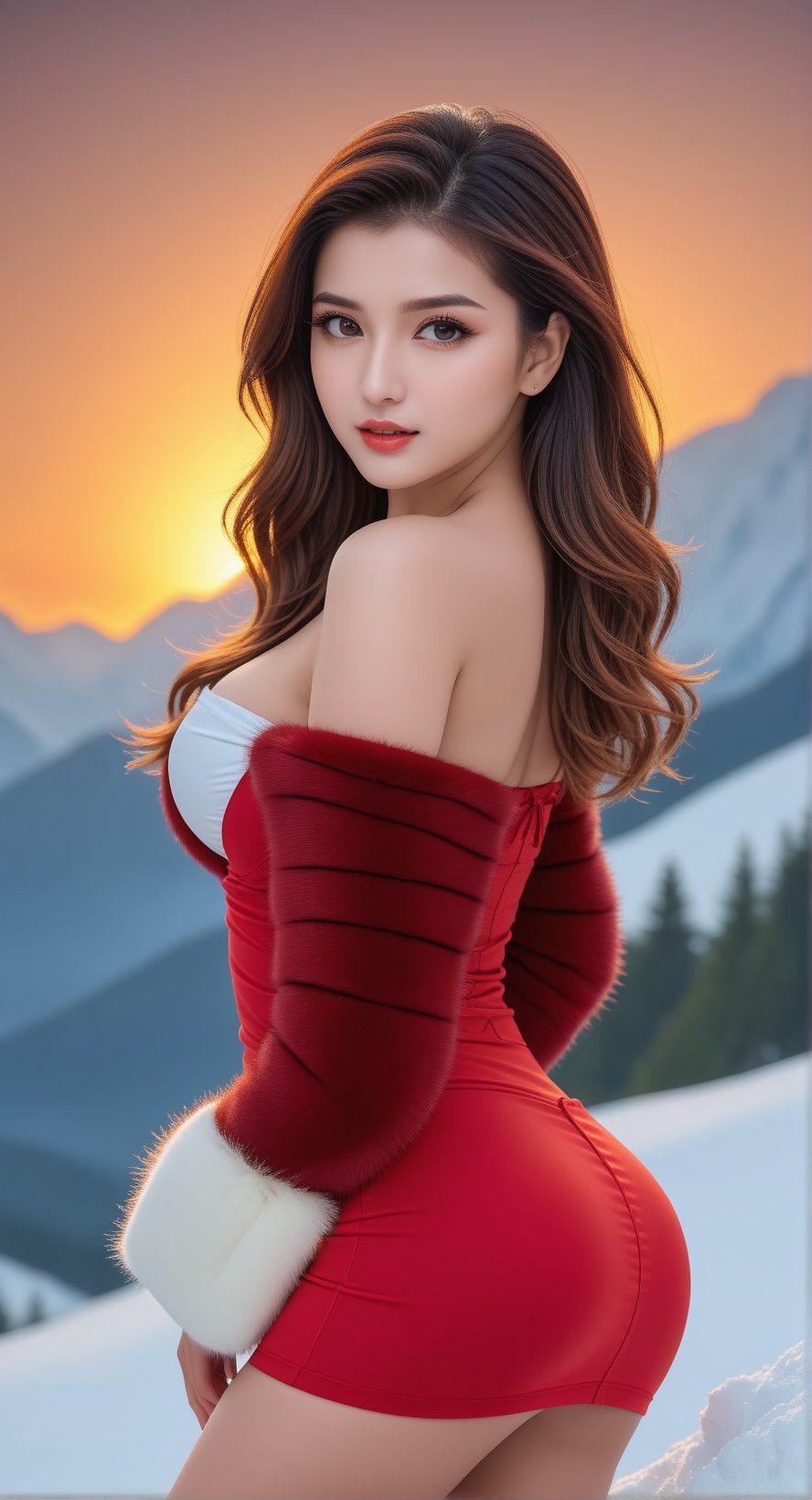 Imagine the following scene. A beautiful women standing on top of snow mountain.

The beautiful woman is disha, 20 year old, very muscular, very masculine. Green eyes, large and bright eyes, full and sensual lips, long eyelashes, white-red hair, long hair, wet hair,  messy hair, with a central line cut that falls on both sides of the face. Light tan, SHe has big pecs, beefy pecs, six-pack abs, large boobs, round and tight boob's. 

The woman standing on top of mountain, mountain is full of snow, winter weather, snowing. 

(((She wears a sexy fur coat(sexy red tube top:1.4), mini skirt, sexy look, sexy pose, white boot, cleavage, tummy, exposed_navel,))).

The mountain is very beautiful, The woman is standing near a tree with orange lief and snow . The lighting is natural, orange lighting, orange sun in background, It is evening, many shadows are created on the woman.

The image is taken from a distance, you can see the woman in the center of the image and the details of the scene.,,,,,,,<lora:659095807385103906:1.0>