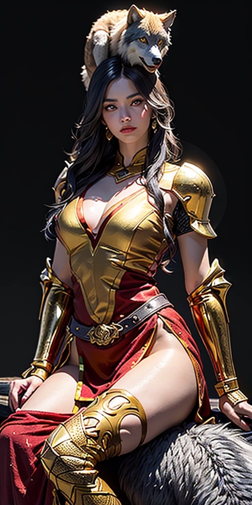 (A red and gold image of a young girl as a warrior woman, dressed in fine armor, with a large gray wolf next to her with it's head nestled on the girl's lap, in the background of an oriental-style scene), masterpiece, HDR, depth of field, wide view, bright background, raytraced, full length body, unreal, mystical, luminous, surreal, high resolution, sharp details, with a dreamy glow, translucent, beautiful, stunning, a mythical being exuding energy, textures, breathtaking beauty, pure perfection, with a divine presence, unforgettable, and impressive.