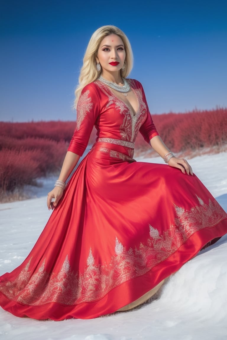 (Indian idol), 　a blond　(A MILF)　Whip whip　((bright red lips))　Glossy Metallic Red China Long Dress　Sitting on a snowy field and turning around, at north pole, (Aurora Borealis and the Great Snowfield)　half body, ((Portrait)),arrstyle