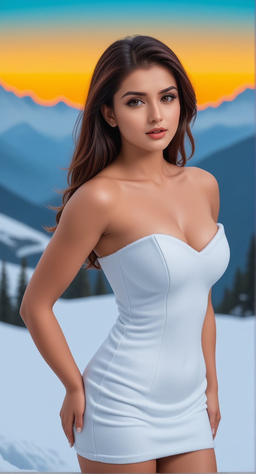 Imagine the following scene. A beautiful women standing on top of snow mountain.

The beautiful woman is disha, 20 year old, very muscular, very masculine. Green eyes, large and bright eyes, full and sensual lips, long eyelashes, white-red hair, long hair, wet hair,  messy hair, with a central line cut that falls on both sides of the face. Light tan, SHe has big pecs, beefy pecs, six-pack abs, large boobs, round and tight boob's. 

The woman standing on top of mountain, mountain is full of snow, winter weather, snowing. 

(((She wears a sexy tube dress, mini dress, sexy look, sexy pose, white boot, cleavage, tummy, exposed_navel,))).

The mountain is very beautiful, The woman is standing near a tree with orange lief and snow . The lighting is natural, orange lighting, orange sun in background, It is evening, many shadows are created on the woman.

The image is taken from a distance, you can see the woman in the center of the image and the details of the scene.,,,,,,,,<lora:659095807385103906:1.0>