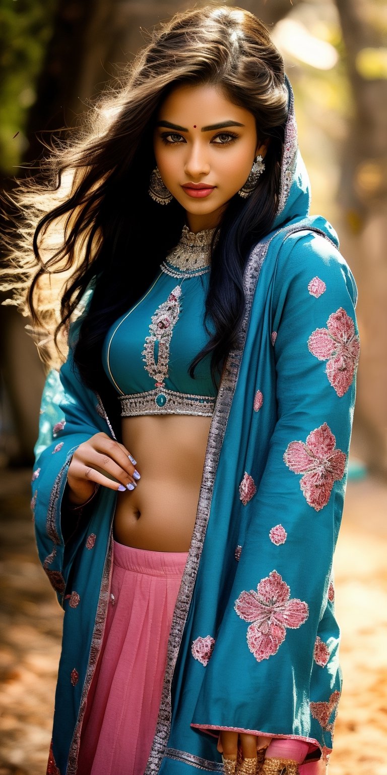 Generate hyper realistic image of a beautiful indian woman with long, flowing hair cascading down her shoulders, her piercing blue eyes gazing directly at the viewer. She wears a stylish ensemble with long sleeves and pink hair, set in a classic cowboy shot. Adorned with elegant earrings, she exudes confidence in her pants and hood attire.,Indian