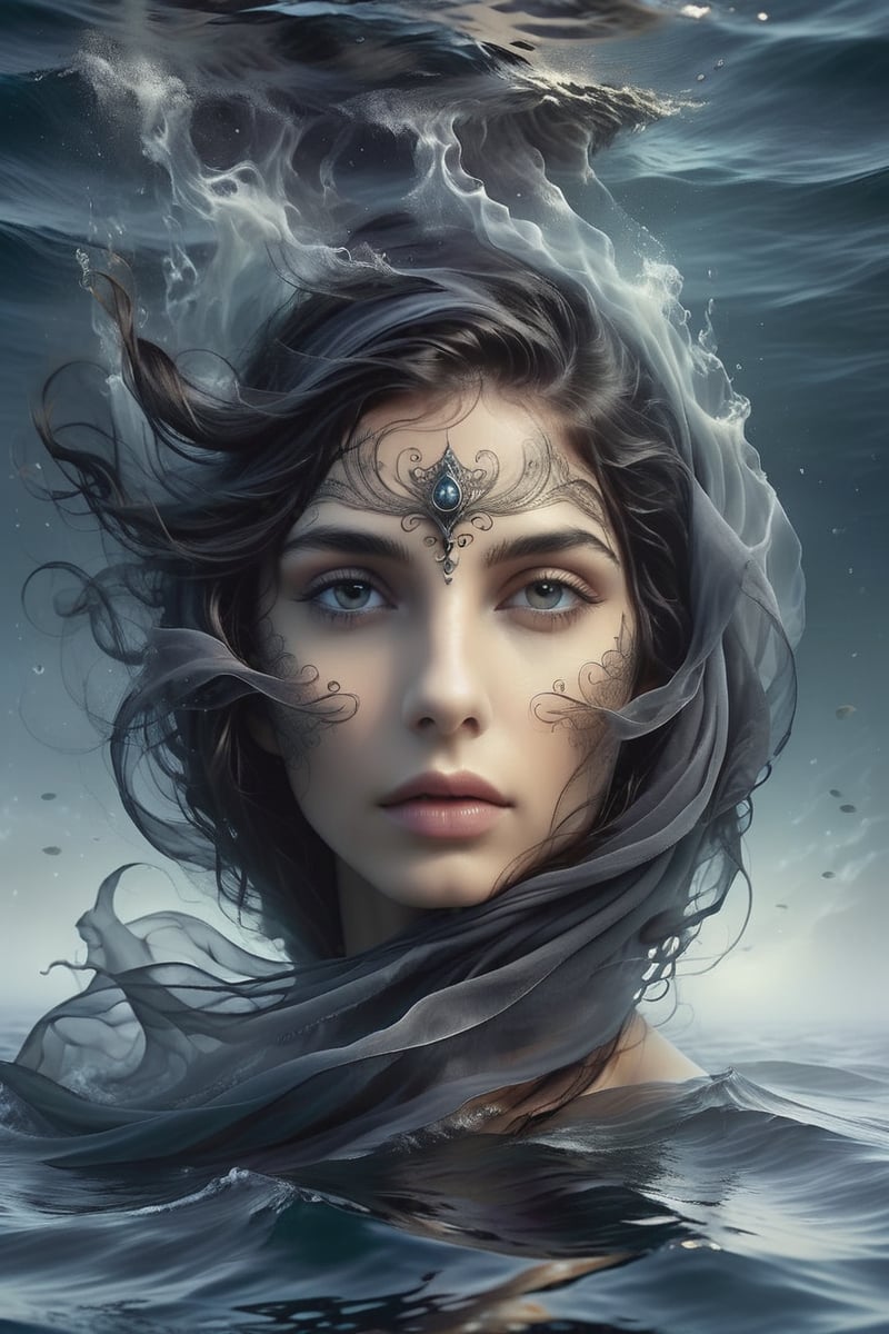 A stunning woman with dark hair, shrouded in mystery, floats serenely beneath the surface of a mystical sea. Colored tones dominate the scene. haze  envelop her ethereal form. Her head tilted back, she gazes upwards with open eyes that convey intense emotions: pain or sorrow. Finely detailed features on her face, including expressive eyes and intricate facial expressions, draw the viewer's attention to her enigmatic allure. high contrast, 12K,Insta Model,DonMW15pXL,more detail XL