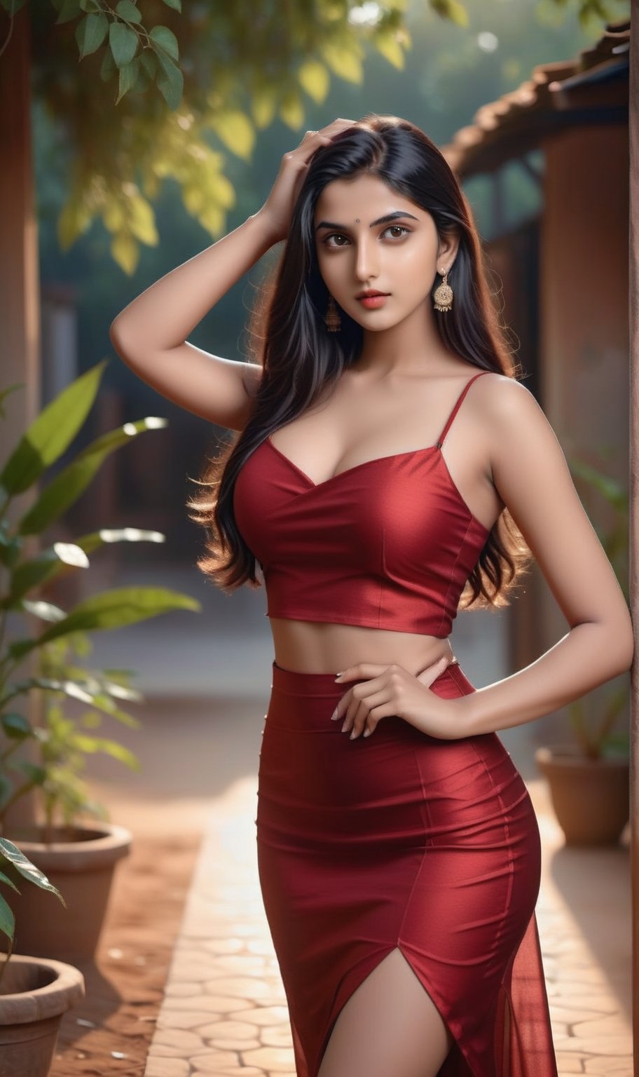 Age: 22
Name: Aanya 
Dress: red skirt dress
Pose: sexy pose
Time: evening 
Background: Natural outdoor setting with shadows
Details: full body, INDIAN girl, Instagram influencer, black long hair, glossy juicy lips, portrait, 1girl, retroartstyle, Character, full body,

photorealistichands,Detailedface, big_boobs, better_hands, bigboobs,big_boobs,better_hands 

