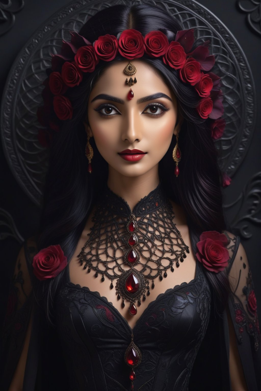 Generate realistically image of a beautiful indian woman, ((with a brave facial expression)), ((Perfectly detailed and perfect symmetrical body and head)), ((Perfectly symmetrical and perfectly detailed face)), ((perfectly formed and symmetrically correct hands and fingers)), ((8K High Definition photo)), ((colored but not saturated, perfect contrast between lights and shadows)). In this 8K Ultra HD image, the mystical enchantress stands majestically in the Dark Fantasy realm, her entire form shrouded by the velvety petals of black and crimson roses. Her purple hair cascades like a waterfall of shadows, blending with the midnight hues of the surrounding flowers. Her mesmerizing odd eye gleams like a crimson gem, hinting at the arcane power coursing through her veins. The enchantress's attire is a bewitching masterpiece, adorned with an exquisite array of black and red roses that seem to bloom eternally. As she moves dynamically in a cinematic pose from a side angle, her velvety-softened petals contrast with the sharp thorns embellishing her garments, serving as a reminder of her potent and untamed nature.