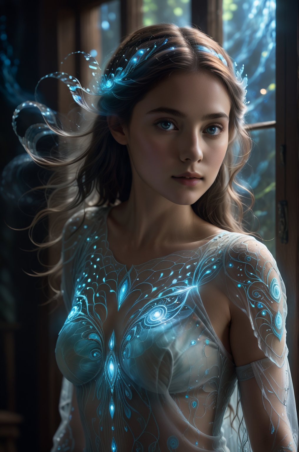 (best quality, 8K, highres, masterpiece), ultra-detailed, (photo-realistic, lifelike) portrayal of a semi-ghost female with ethereal beauty. Her arms are a mesmerizing spectacle, composed of intricate bioluminescent patterns that radiate a soft, (otherworldly, celestial) glow. The cinematic rendering captures every nuance of her spectral presence, making this image a true high-resolution masterpiece that blends the lines between the living and the supernatural.