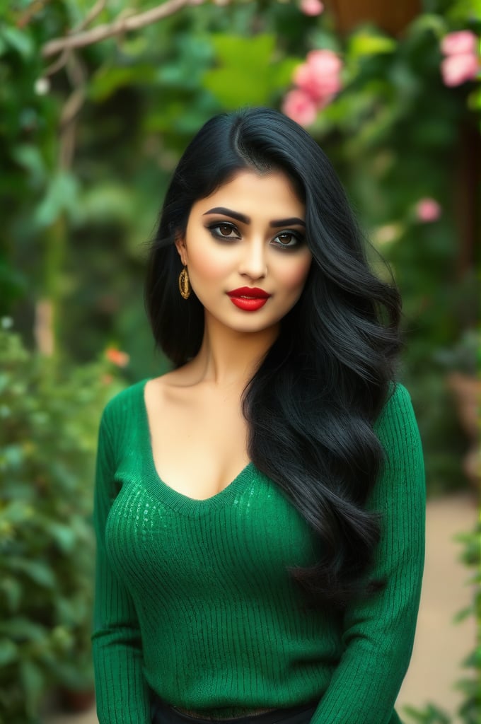 Lovely cute young attractive indian girl, 25 years old, cute model, long black_hair, black hair, They are wearing a green net sweater, and she is in garden, good fit body, large breasts, deep cleavage, red lips 
