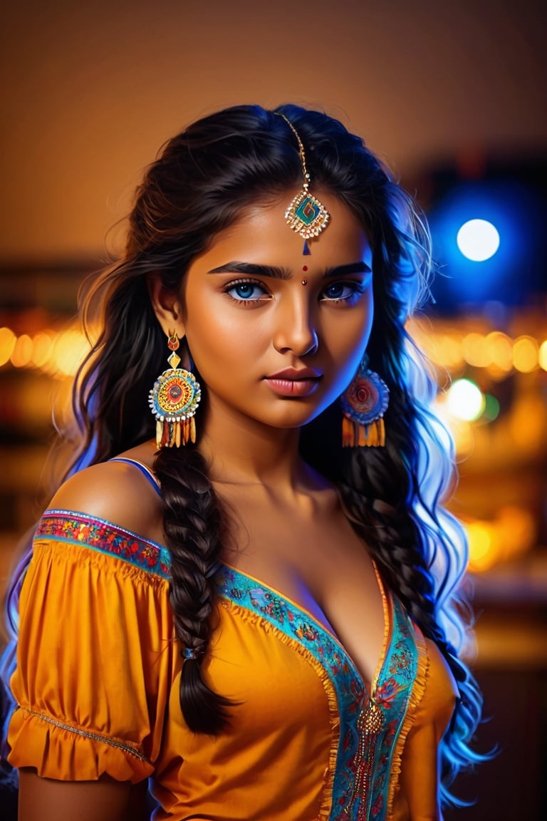 (masterpiece), 8k, UHD, HDR, photorealism, best quality, digital art, cinematic quality, film story, portrait, art, realistic art, digital illustration, bright rich colors, watercolor, oil paints, alcohol ink, full body portrait of a indian girl, sexy look,  24 years old, blue eyes, full body portrait photography in RAW uhd format, (looks at the camera), pretty face, night, mirror light, mirror camera, exceptional quality, sharp focus, sharpness, sharp focus, bokeh (dark light), inspiration.