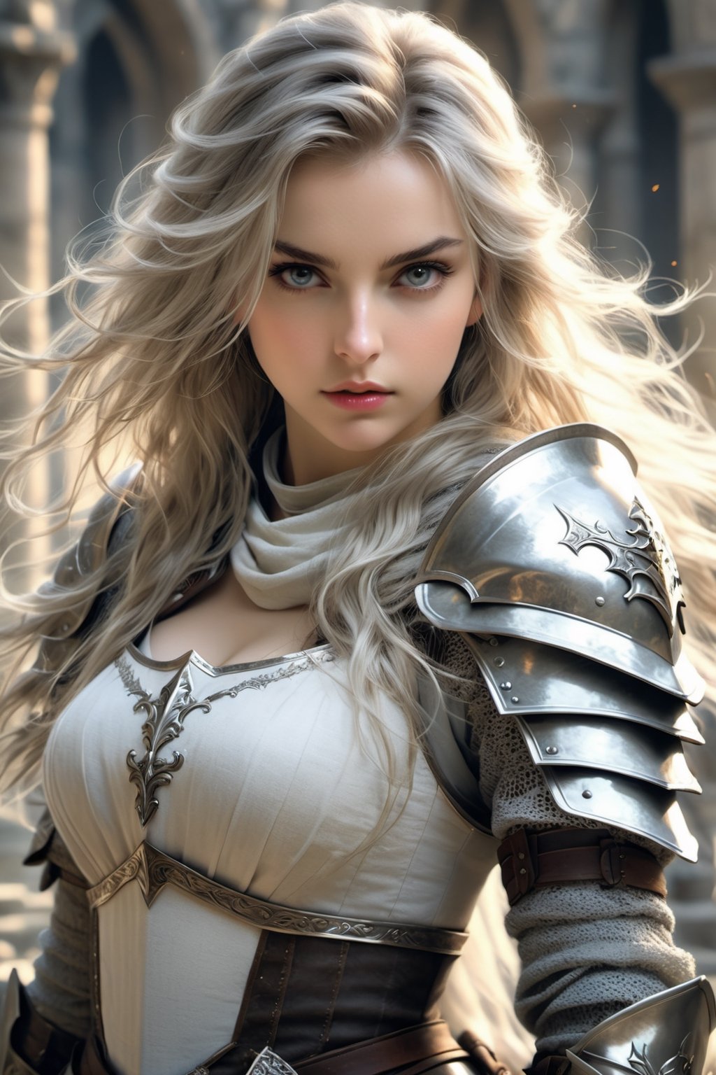 European style, fantasy, solo, cute girl, knight outfit, white & silver long hair, battle, faithing, enemy, ruins, holding long sword, (masterpiece), (best quality), (ultra-detailed), (an extremely delicate and beautiful), ((textile shading)), (caustics), (((sharp focus))), big breast 