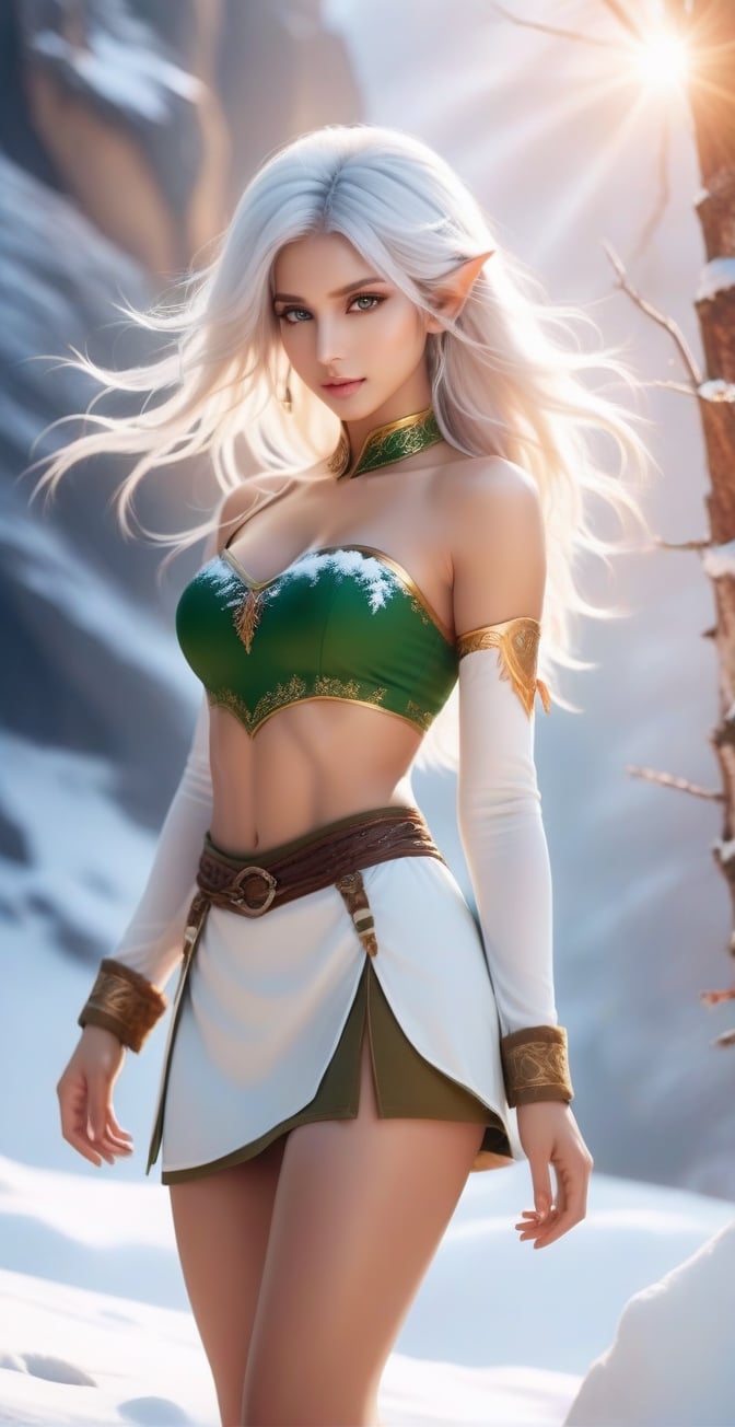 Imagine the following scene. A beautiful sexy Indian female Elf with large wings standing on top of snow mountain.

The beautiful elf is disha, 20 year old, very muscular, very masculine. Green eyes, large and bright eyes, full and sensual lips, long eyelashes, white hair, very long hair, snow in hair,  messy hair, with a central line cut that falls on both sides of the face. Light tan, SHe has big pecs, beefy pecs, six-pack abs, large boobs, round and tight boob's. 

The Elf standing on top of mountain, mountain is full of snow, winter weather, forest, ancient structure on mountain. 

(((She wears a sexy tube top and mini skirt, tube top knotted at cleavage, white boot))).

The mountain is very beautiful, The woman is standing near a tree with orange lief and snow . The lighting is natural, orange lighting, orange sun in background, It is evening, many shadows are created on the woman.

The image is taken from a distance, you can see the woman in the center of the image and the details of the scene.,,,