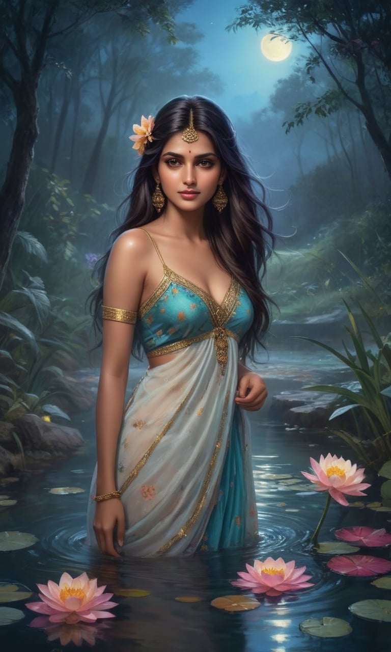 Imagine a sexy stunning young Indian native on her kness, washing her hair in a river, bathing in a river with long flowing hair peacefully immersed in the ethereal glow of a moonlit pond. Vibrant, colorful flowers encircle the tranquil scene, their vibrant petals reflecting the soft light. Wisps of gentle fog embrace the landscape, adding an air of mystery and enchantment to this captivating nocturnal oasis. A mesmerizing blend of serenity, elegance, and natural beauty.,Indian Model