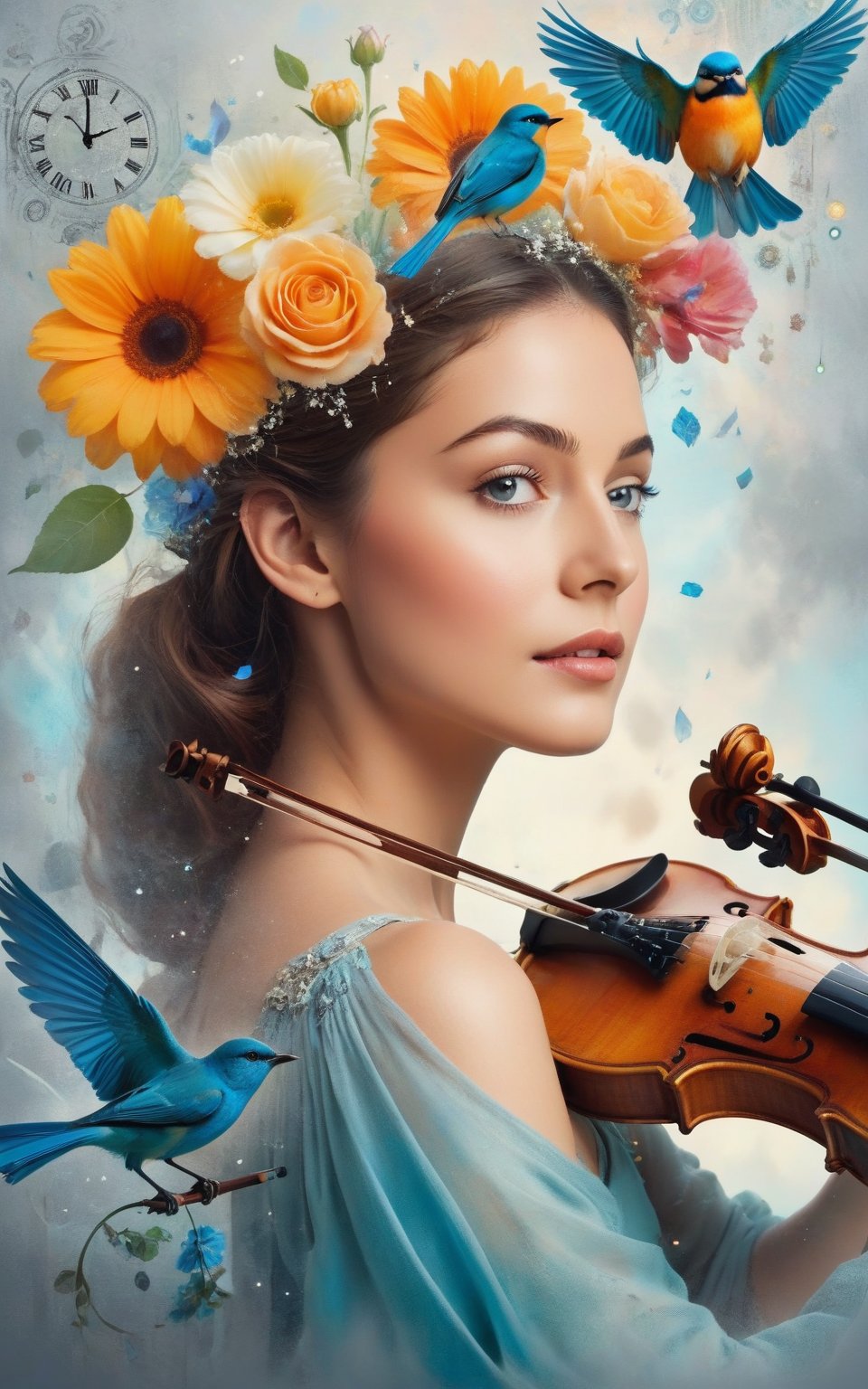 A surreal and artistic digital collage featuring a woman's face. The eyes sparkled brightly. And her face was happy and there was a violin stuck in her head. The layout is vertical. by placing the violin in the middle It protrudes from the top of the head. The woman's skin was pale. Around the violin, there were various elements, including a blue bird perched on the violin, gears, clock parts, and music notes, creating a strange and dreamy atmosphere. There are both real flowers and illustrated flowers. This adds a touch of nature to the composition. The background is gray with a plain texture. It adds a vintage and magical feel to the artwork.