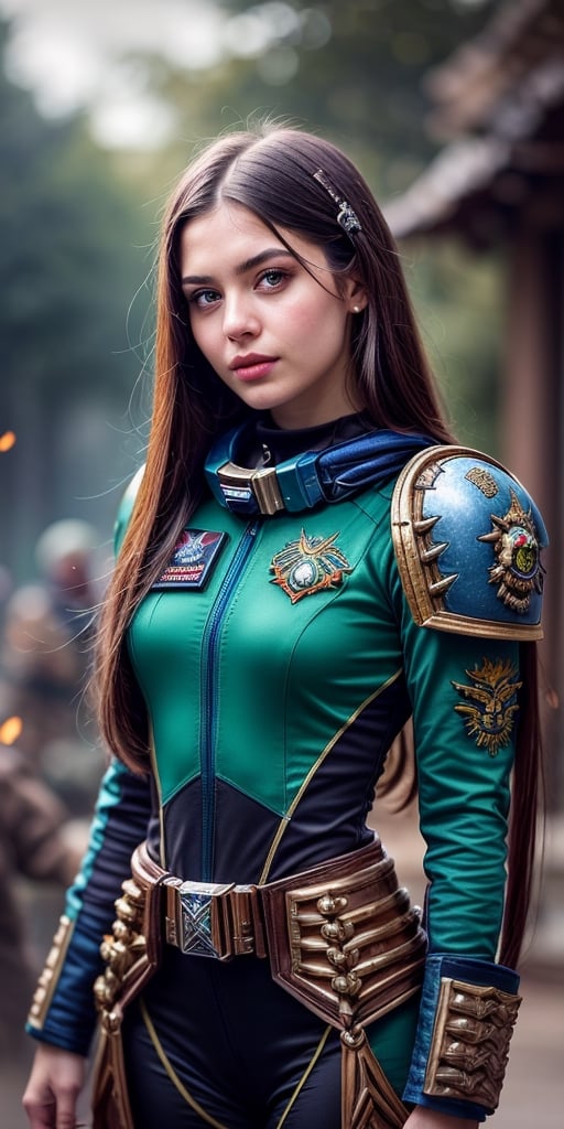 A hyperrealistic young girl in full height, with long straight hair, beautiful green eyes, parted lips, cute expressive captivating look, the atmosphere of the world of Warhammer 40,000, the girl is wearing fantastic clothes from the universe of Warhammer 40,000, a space marine combat suit, a girl against the background of the nature of a wild unknown planet,