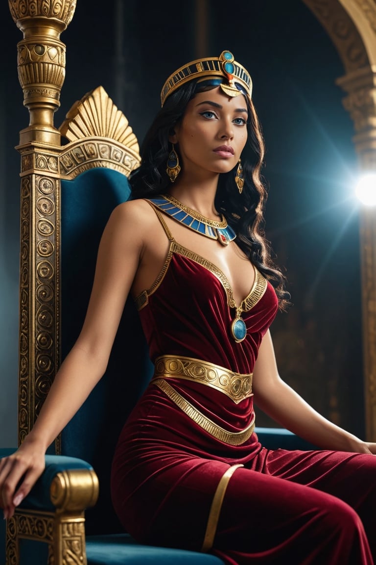 Queen Cleopatra ((protected by guards on the right and left)). Distance view of an empress, blue eyes with a beautiful body, goddess, beautiful realistic lips.black hair, freckles, Cleopatra sitting on the Egyptian throne: shape of the female body, female silhouette, golden color, wavy burgundy velvet fabric dress, background, backlight, interesting dynamic perspective, macro shot, HD, 4K, volumetric light, fog in the air, atomized, very realistic, readable fonts and text, advertising, text "Ai" AI