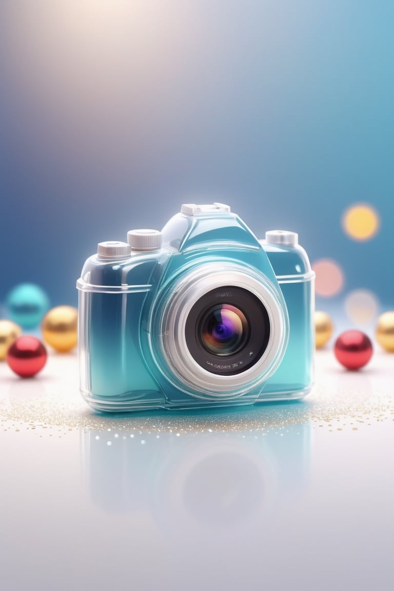 A camera logo, designed in a simple and transparent style, decorated with cute cartoon creativity, the entire background is white, high quality, detailed focus, deep bokeh, beautiful,Visually delightful, 3D,more detail XL,glitter,ral-3dwvz,glass shiny style,cartoon logo,shiny,LOGO,chibi, cinematic moviemaker style,logo,disney style,Apoloniasxmasbox,mascot logo