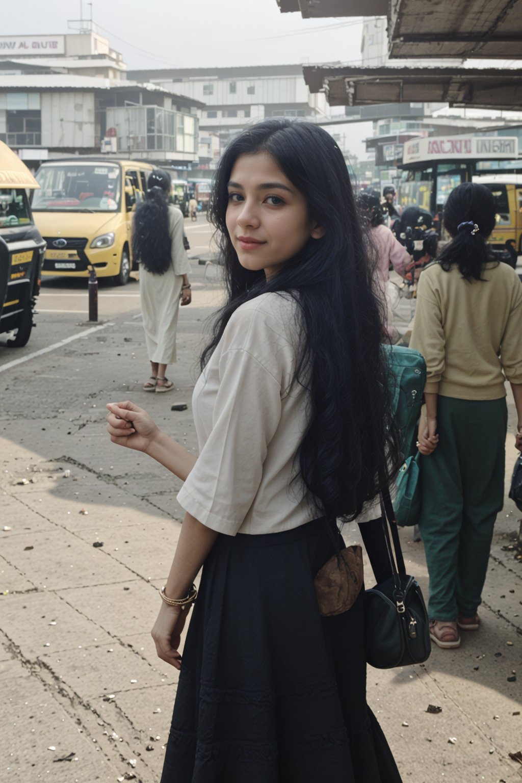 School girls road crossing, Crowd city, girls walking , bikes, car, Bus, busy cityCreate an realistic concept centered around a modern indian girl with fair skin with enchanting and timeless beauty. Her expressive eyes are windows to a world of emotion, her captivating smile leaves an indelible mark, and her flowing hair is a visual poetry. Explore how her gentle touch creates an aura that infuses every shared moment with a sense of destiny and magic. Develop the storyline, characters, and the world in which this enchanting girl exists, and let her presence be a driving force behind the themes and narrative. ,Realism,Mallugirl,Thrissur,Very crowded city, round ass