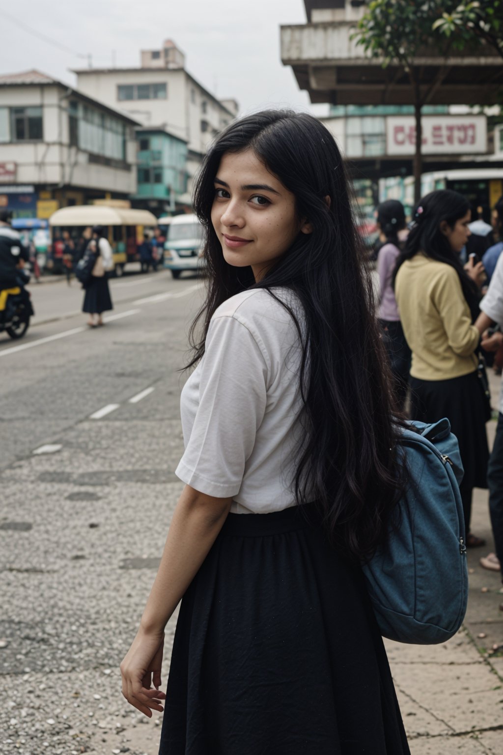 School girls road crossing, Crowd city, girls walking , bikes, car, Bus, busy cityCreate an realistic concept centered around a modern indian girl with fair skin with enchanting and timeless beauty. Her expressive eyes are windows to a world of emotion, her captivating smile leaves an indelible mark, and her flowing hair is a visual poetry. Explore how her gentle touch creates an aura that infuses every shared moment with a sense of destiny and magic. Develop the storyline, characters, and the world in which this enchanting girl exists, and let her presence be a driving force behind the themes and narrative. ,Realism,Mallugirl,Thrissur,Very crowded city, round ass