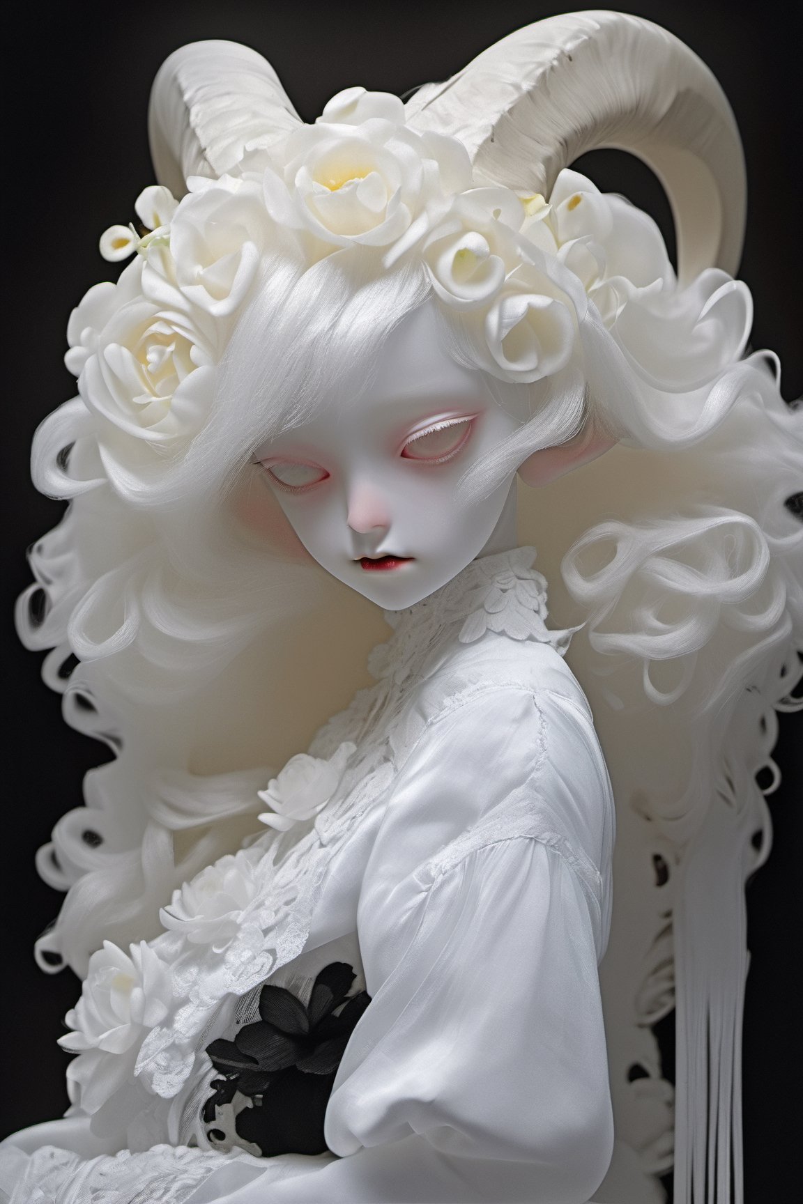 show half body, painting pose, hand in front of chest, tilted pose, looking at viewer, holding a single flower, albino young demon girl with lethargic sleepy smokey eyes, white curls, goat horn, one pair of horn, horn curl clockwise, white eyes, black background with skulls engraving, insect eyes, mesh fishnet blouse, (long intricate horns:1), lora:pale_demon:1,   best quality, highest quality, extremely detailed CG unity 8k wallpaper, detailed and intricate, 