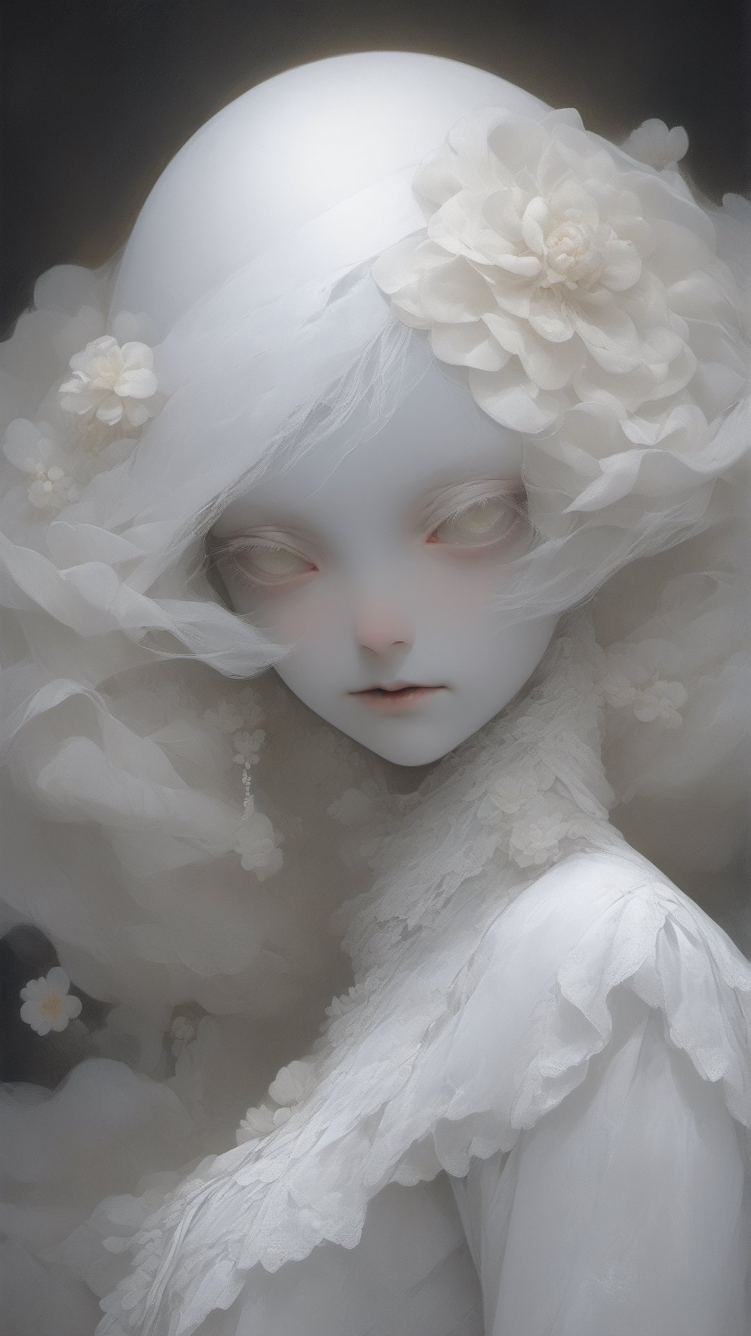 show half body, head tilted slightly, alegant pose, painting pose, one hand in front of chest holding a single flower, tilted pose, looking at viewer, albino young demon girl with lethargic sleepy smokey eyes, white curls, goat horn, one pair of intricate horn curl clockwise, white eyes, skulls engraving background, dark background, insect eyes, mesh fishnet blouse, ora:pale_demon:1,  best quality, highest quality, extremely detailed CG unity 8k wallpaper, detailed and intricate, 