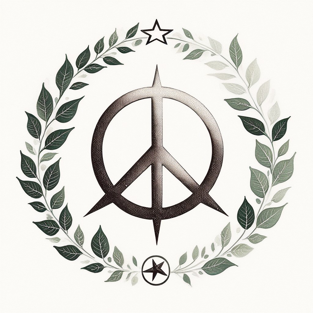 logo_emblem,Helvetica Bold_text:TA,a pentagram,peace symbol,leaf print