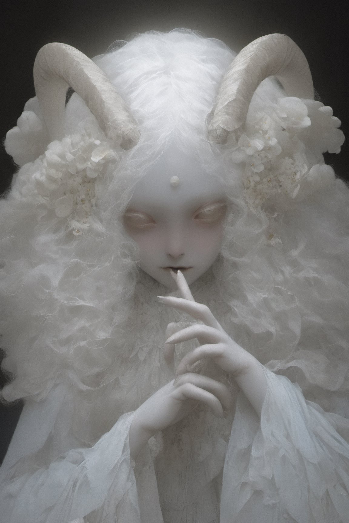 show half body, head tilted slightly, alegant pose, painting pose, one hand in front of chest, tilted pose, looking at viewer, holding a single flower, albino young demon girl with lethargic sleepy smokey eyes, white curls, goat horn, one pair of horn, horn curl clockwise, white eyes, black background with skulls engraving, insect eyes, mesh fishnet blouse, (long intricate horns:1), lora:pale_demon:1,   best quality, highest quality, extremely detailed CG unity 8k wallpaper, detailed and intricate, 