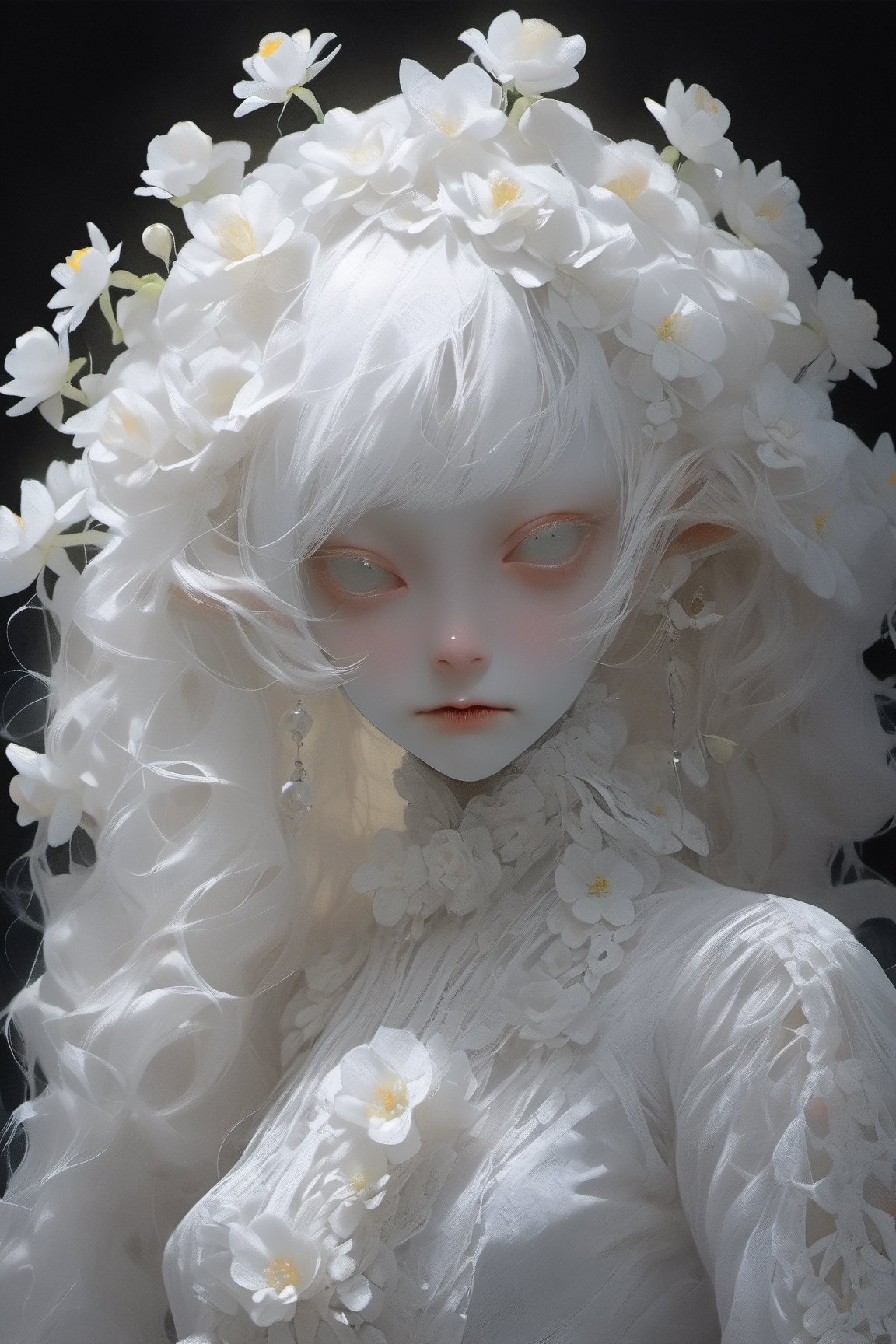 show half body, head tilted slightly, alegant pose, painting pose, one hand in front of chest holding a single flower, tilted pose, looking at viewer, albino young demon girl with lethargic sleepy smokey eyes, white curls, goat horn, one pair of intricate horn curl clockwise, white eyes, skulls engraving background, dark background, insect eyes, mesh fishnet blouse, ora:pale_demon:1,  best quality, highest quality, extremely detailed CG unity 8k wallpaper, detailed and intricate, 