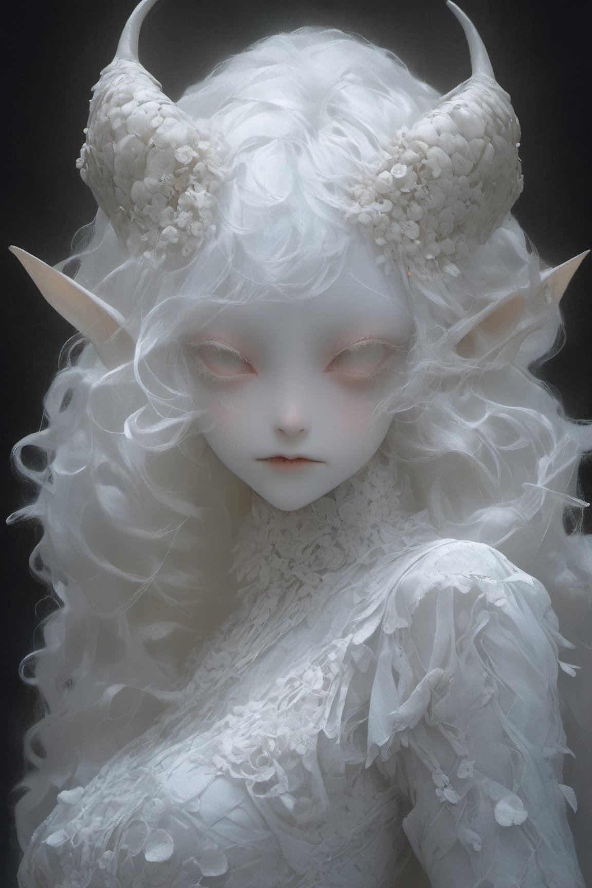 show half body, painting pose, holding a flower, albino young demon girl with lethargic sleepy smokey eyes, white curls, insect eyes, mesh fishnet blouse, (long intricate horns:1), lora:pale_demon:1,   best quality, highest quality, extremely detailed CG unity 8k wallpaper, detailed and intricate, goat horn, one pair of horn, white eyes, black background with skulls engraving, 