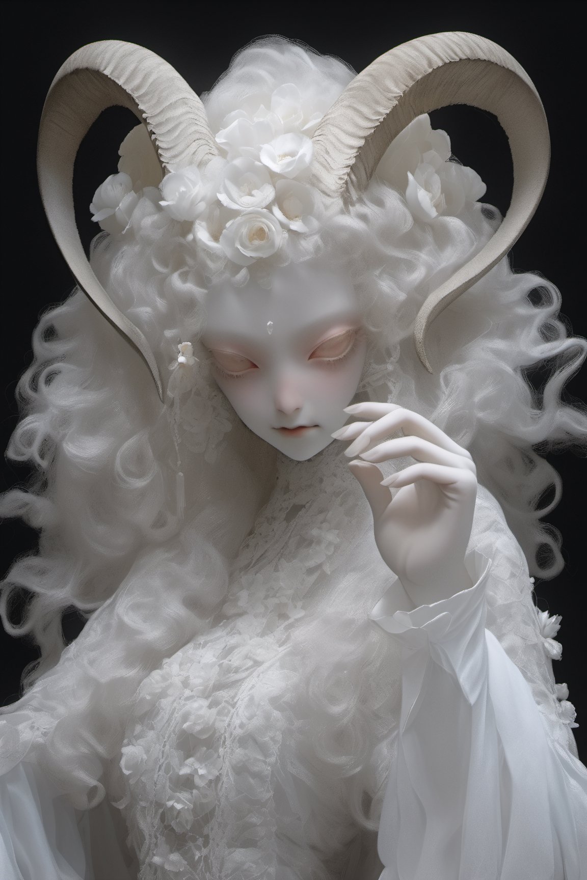 show half body, head tilted slightly, alegant pose, painting pose, one hand in front of chest holding a single flower, tilted pose, looking at viewer, albino young demon girl with lethargic sleepy smokey eyes, white curls, goat horn, one pair of horn, horn curl clockwise, white eyes, skulls engraving background, dark background, insect eyes, mesh fishnet blouse, (long intricate horns:1), lora:pale_demon:1,   best quality, highest quality, extremely detailed CG unity 8k wallpaper, detailed and intricate, 