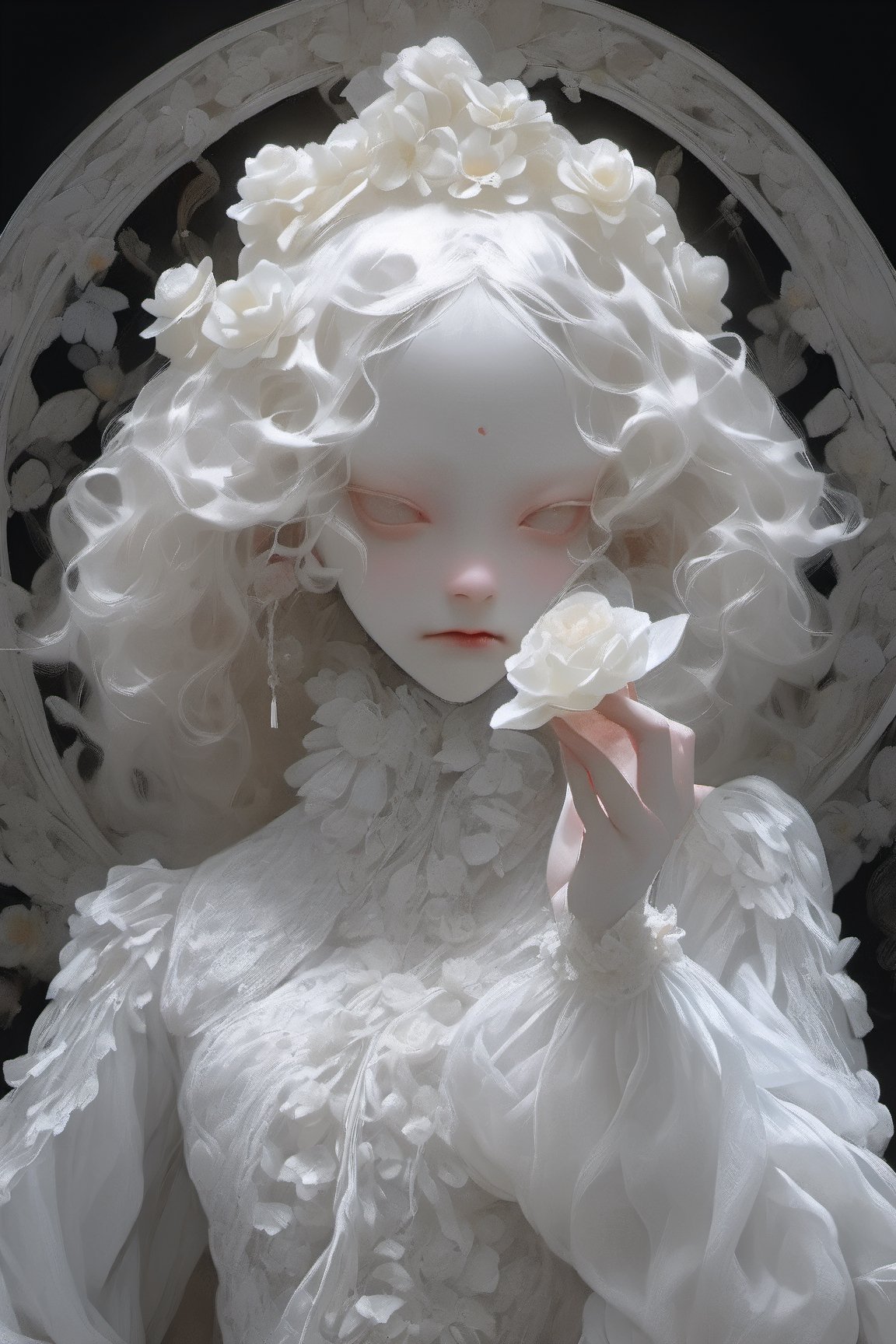 show half body, head tilted slightly, alegant pose, painting pose, one hand in front of chest holding a single flower, tilted pose, looking at viewer, albino young demon girl with lethargic sleepy smokey eyes, white curls, goat horn, one pair of intricate horn curl clockwise, white eyes, skulls engraving background, dark background, insect eyes, mesh fishnet blouse, ora:pale_demon:1,  best quality, highest quality, extremely detailed CG unity 8k wallpaper, detailed and intricate, 