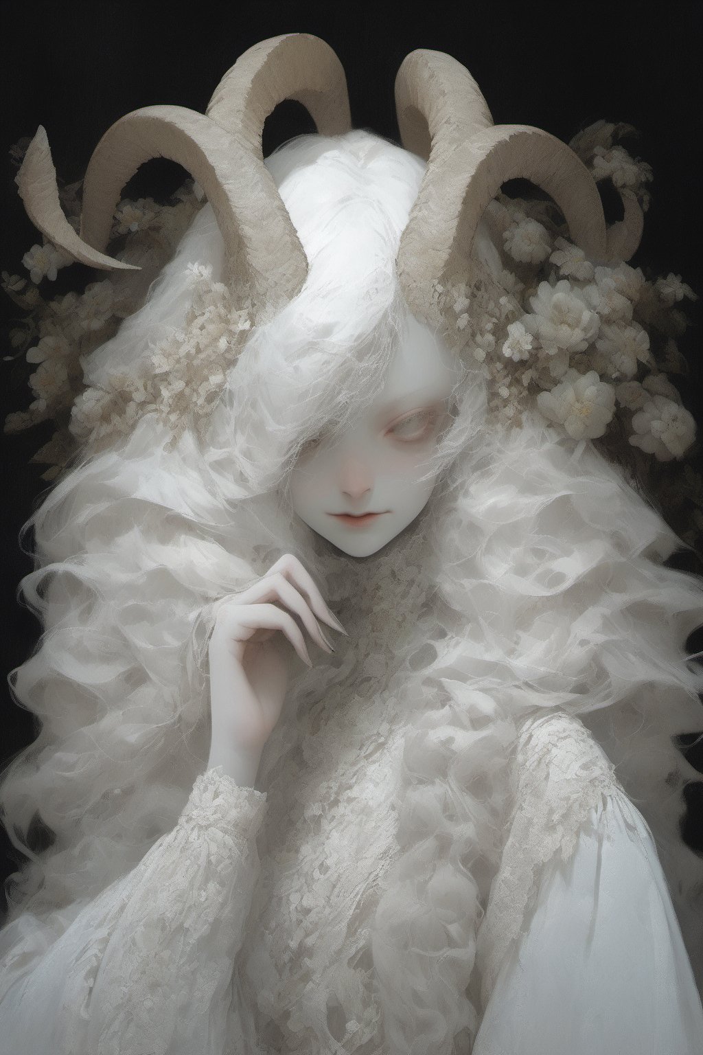 show half body, head tilted slightly, alegant pose, painting pose, one hand in front of chest holding a single flower, tilted pose, looking at viewer, albino young demon girl with lethargic sleepy smokey eyes, white curls, goat horn, one pair of intricate horn curl clockwise, white eyes, skulls engraving background, dark background, insect eyes, mesh fishnet blouse, ora:pale_demon:1,  best quality, highest quality, extremely detailed CG unity 8k wallpaper, detailed and intricate, 