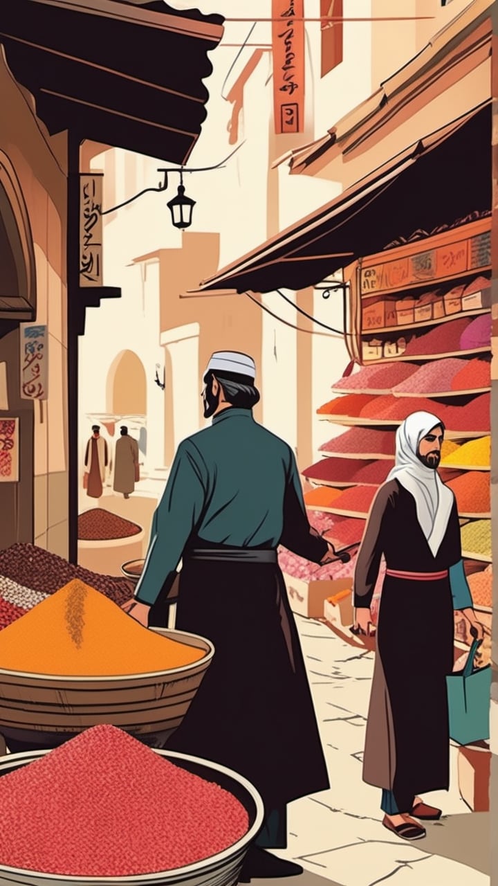 (Grzegorz Rosiński style:1.4) , closeup  spice shopping on streets  of old Persian tow, realistic, high contrast,ink draw,Comic book Grzegorz Rosiński style, Vector Drawing
 , professional, 4k, mutted colors, vintage, ,Flat vector art,Vector illustration,flat design,Illustration,illustration